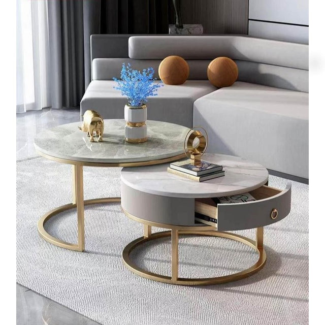 Luxury Artificial Marble Top Round Coffee Table with single drawer