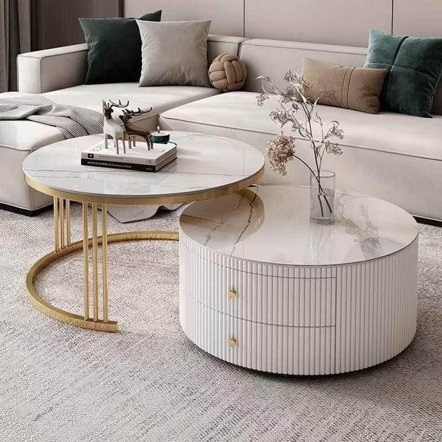 Luxury Artificial Marble Top Round Coffee Table 2 Drawer