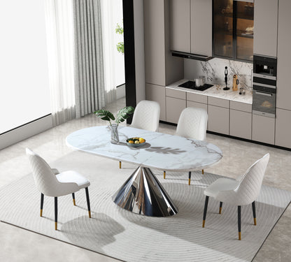 Real Marble Oval Dining Table w/ Sliver Stainless Leg