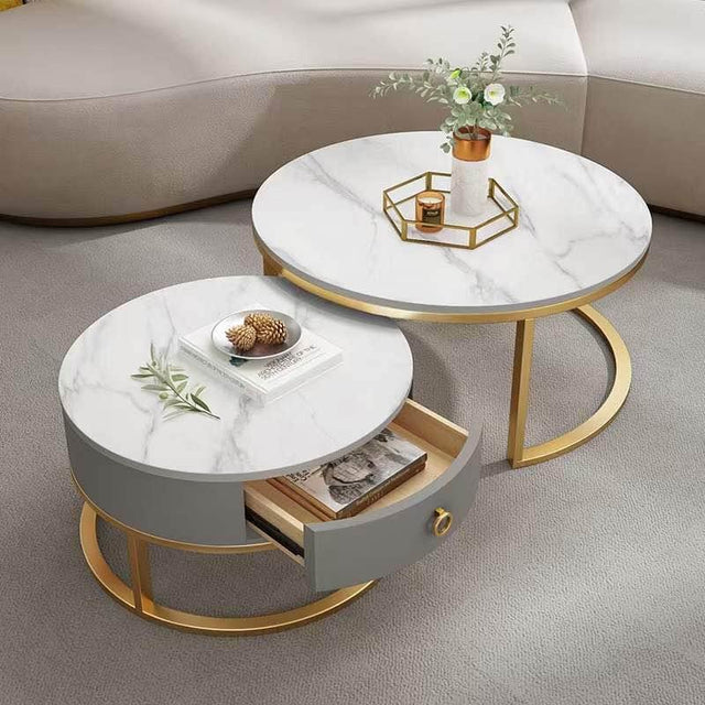 Luxury Artificial Marble Top Round Coffee Table with single drawer