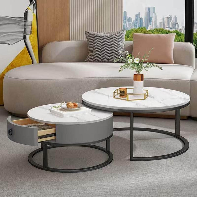 Luxury Artificial Marble Top Round Coffee Table with single drawer