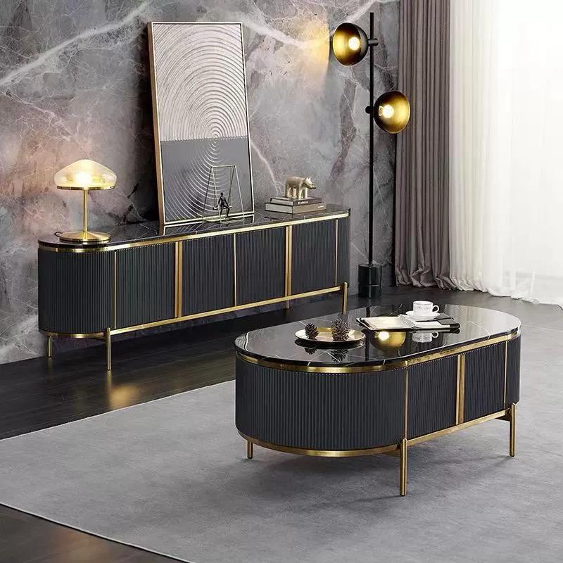 (511) Artificial Marble Dark Grey Oval TV Unit w/ Coffee Table set