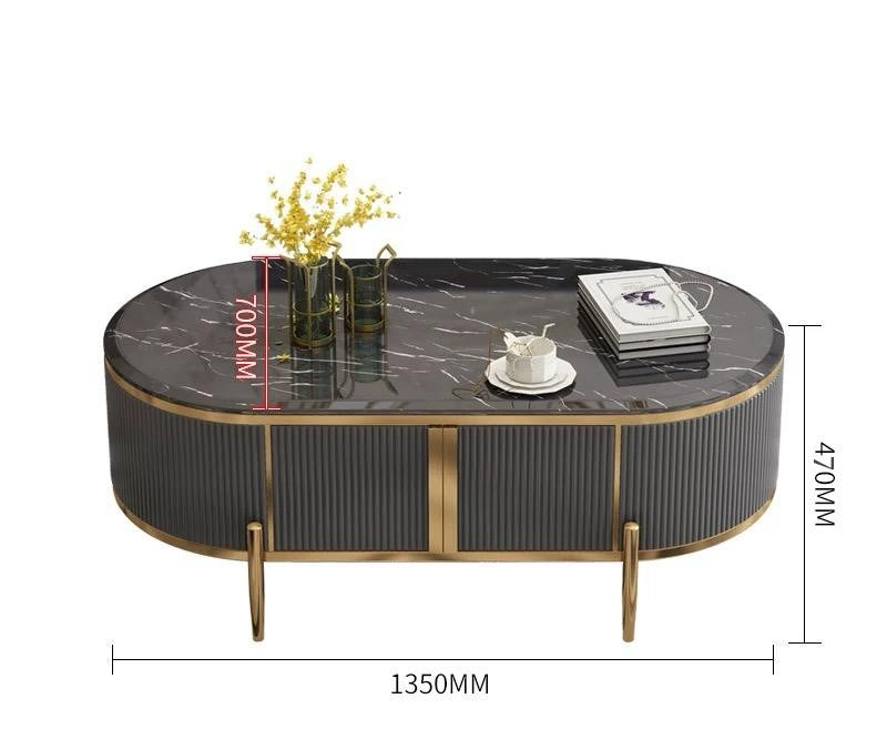 (511) Artificial Marble Dark Grey Oval TV Unit w/ Coffee Table set