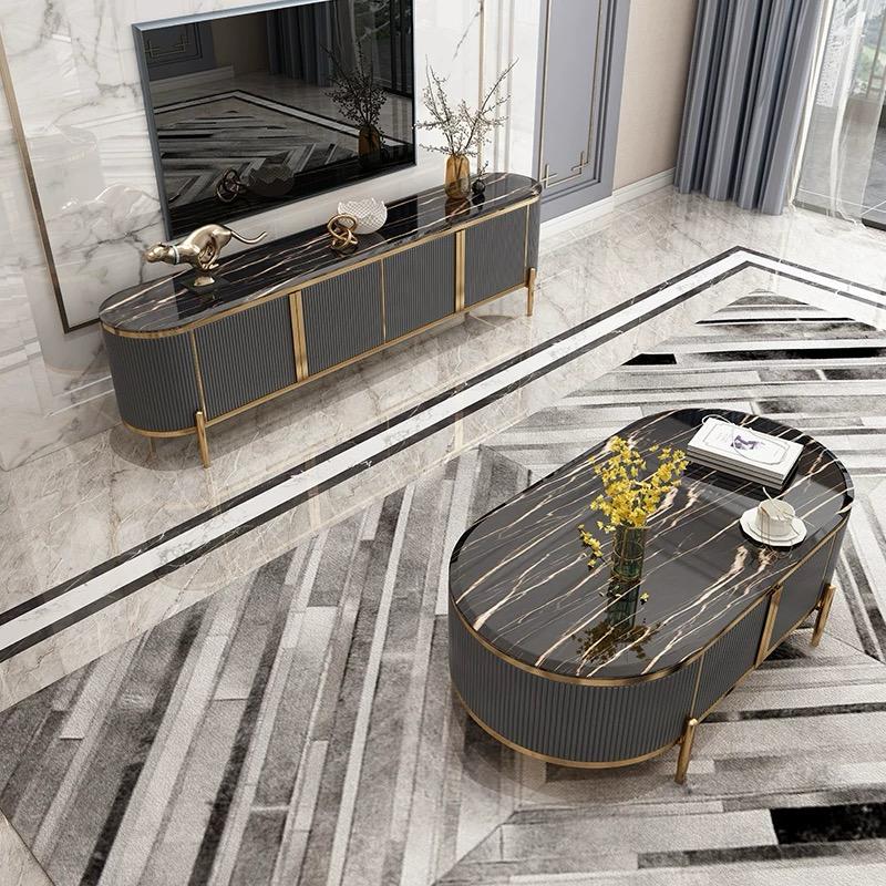(511) Artificial Marble Dark Grey Oval TV Unit w/ Coffee Table set