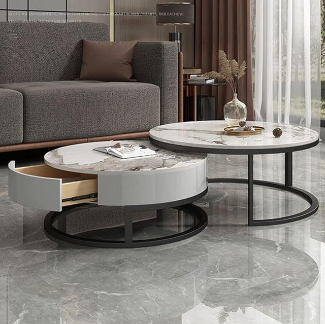 Luxury Artificial Marble Top Round Coffee Table with single drawer