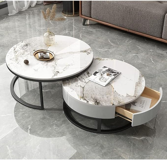 Luxury Artificial Marble Top Round Coffee Table with single drawer