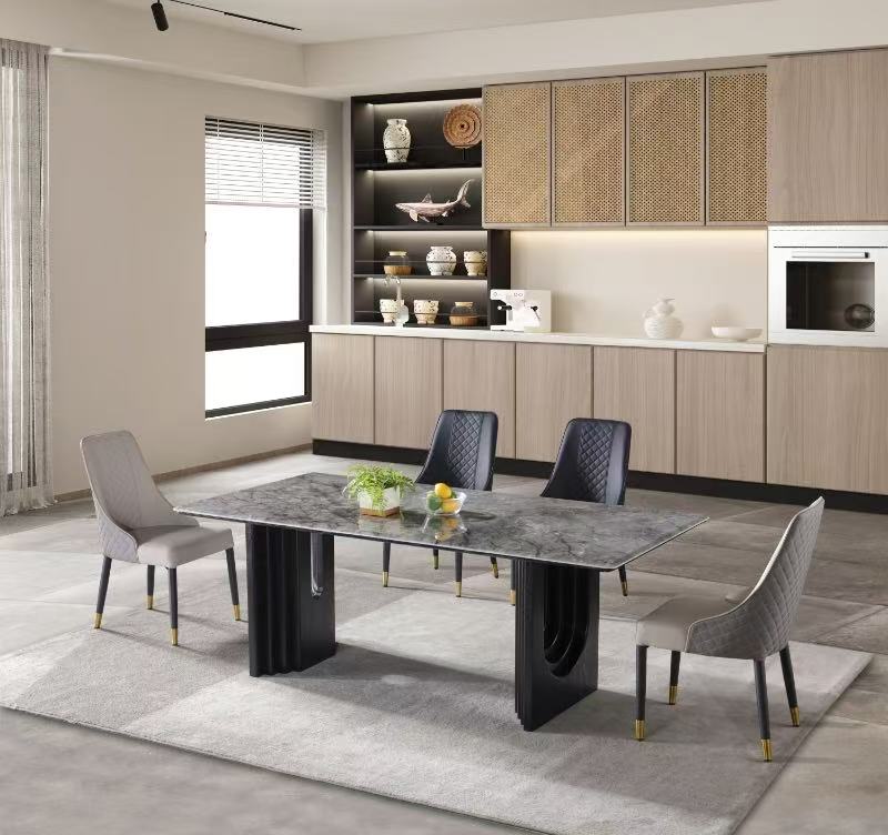 Real Black Marble Dining Table w/ Black Wood Leg
