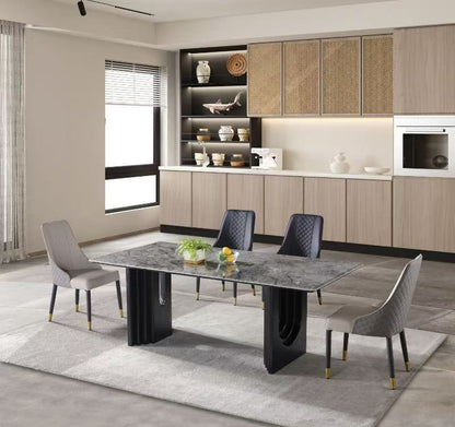Real Black Marble Dining Table w/ Black Wood Leg