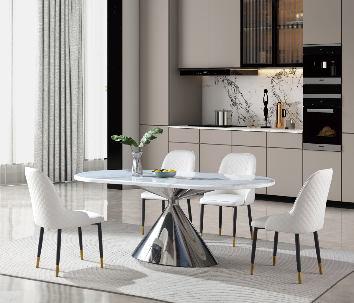 Real Marble Oval Dining Table w/ Sliver Stainless Leg