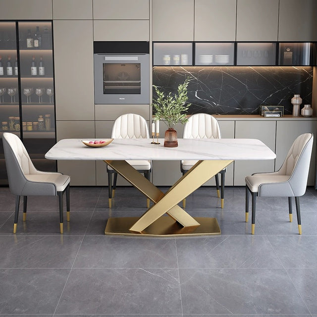 Sintered stone Dining Table Gold/White/Black X Leg