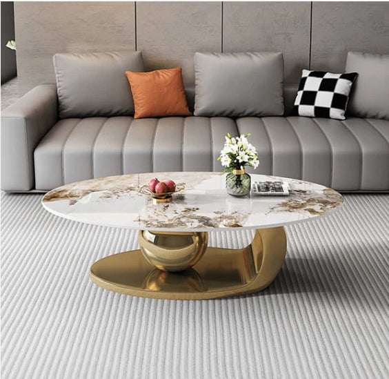 Artificial Marble Coffee Table Oval/Round Gold Frame