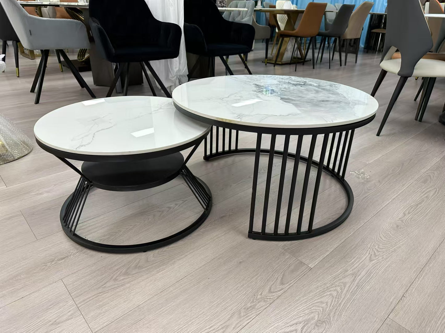 Black Round Marble Coffee Table 2pc set